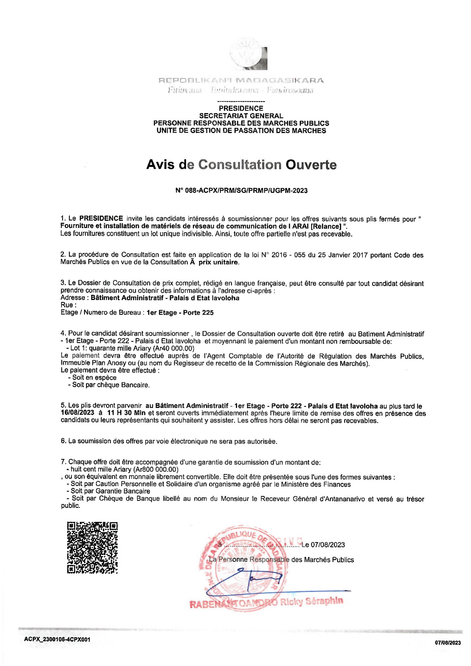 Avis de Consultation - Fourniture et installation de matériels de réseau de communication de l'ARAI [Relance]